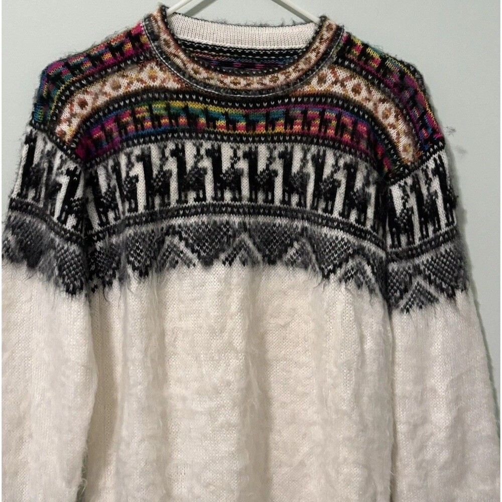 Alphaca Fair Isle Knit Sweater Multicolor Llama Print Sz M-L Nordic Unisex - Picture 3 of 7